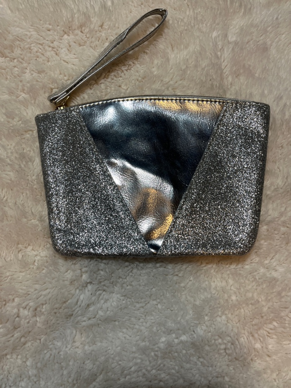 ipsy Silver Glitter & Metallic V-Paneled Cosmetic Bag